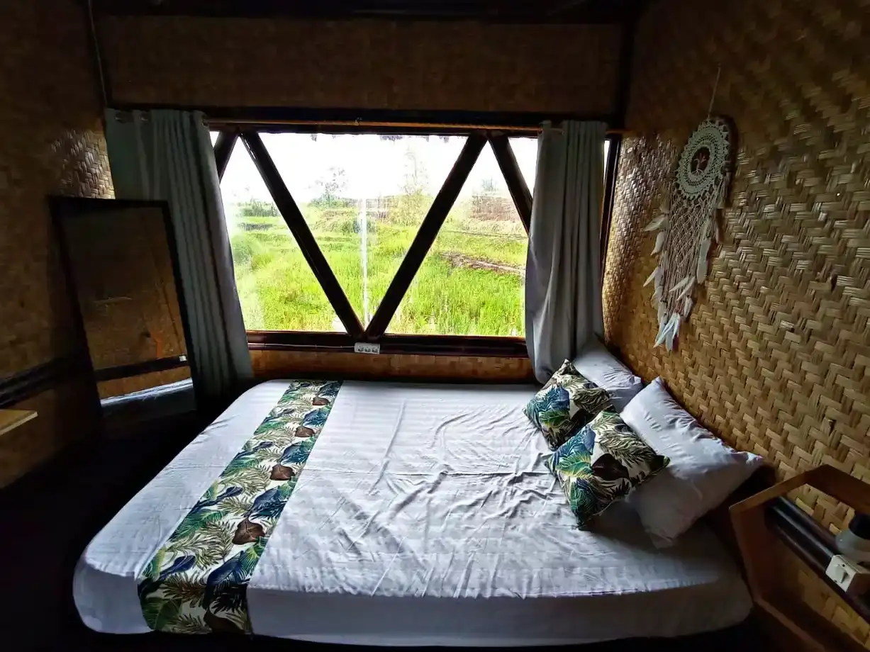 Saung Cabin terrace overlooking rice fields Cianjur
